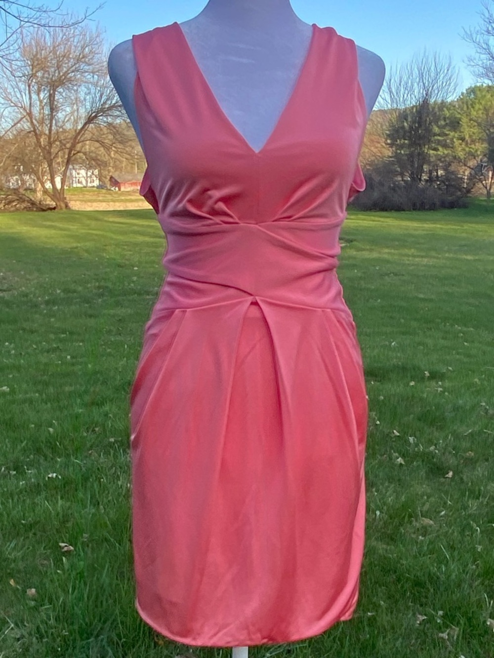 Emporio Armani Coral Pink Ruched V-Neck Sheath Dress Italy Size 36 (US 0/2)